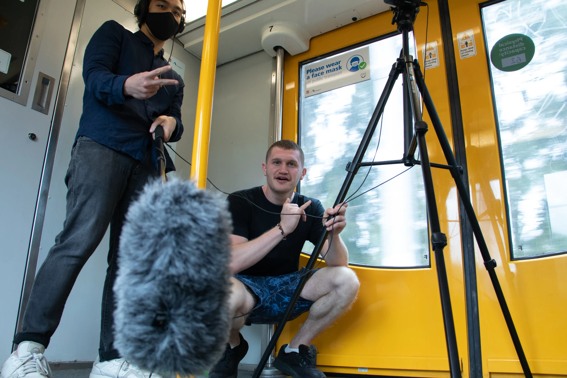 Behind the scenes filming inside a train carriage